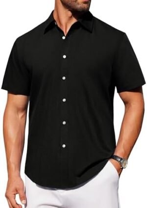 J.VER Mens Short Sleeve Button Down Shirt Stretch Business Casual Dress Shirts Solid Summer Wedding Prom Tops