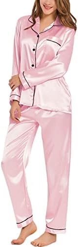 SWOMOG Womens Silk Satin Pajamas Set Long Sleeve Button Down Sleepwear 2 Piece Lounge Set Pj Set XS-3XL