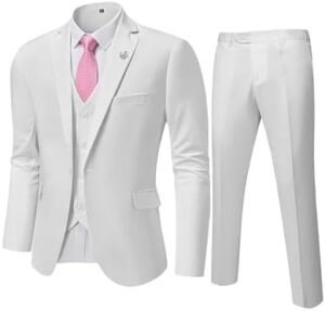 MY’S Men's 3 Piece Slim Fit Suit Set, One Button Solid Jacket Vest Pants with Tie