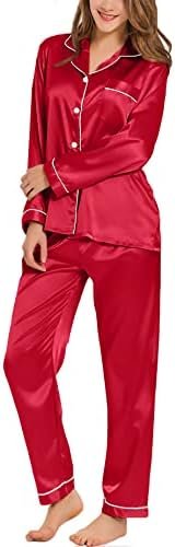 SWOMOG Womens Silk Satin Pajamas Set Long Sleeve Button Down Sleepwear 2 Piece Lounge Set Pj Set XS-3XL