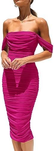 PRETTYGARDEN Women's Summer Off The Shoulder Ruched Bodycon Dresses Sleeveless Fitted Party Club Midi Dress