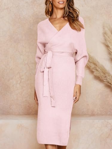 Chang Yun Women's Long Maxi Sweater Dresses Sexy Wrap Batwing V Neck Slit Open Back Holiday Bodycon Dress with Belt - Image 5