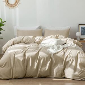 MooMee Bedding Duvet Cover Set 100% Washed Cotton Linen Like Textured Breathable Durable Soft Comfy (Almond Milk Grey, King)