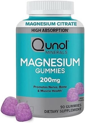 Qunol Magnesium Gummies for Adults, 200mg Elemental Magnesium (from 1,750mg Magnesium Citrate), High Absorption Magnesium Supplement, Supports Nerve, Bone and Muscle Health, Vegetarian, 90 Count
