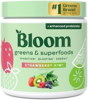 Bloom Nutrition Greens and Superfoods Powder for Digestive Health, Greens Powder, Digestive Enzymes, Probiotics, Spirulina, Chlorella for Bloating & Gut Support, Green Juice, 30 SVG, Strawberry Kiwi