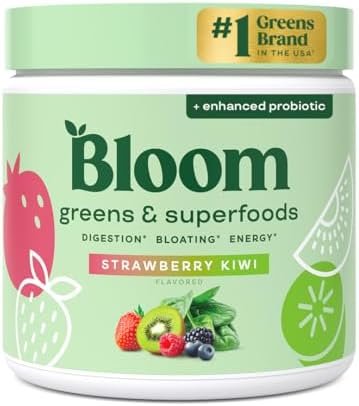 Bloom Nutrition Greens and Superfoods Powder for Digestive Health, Greens Powder, Digestive Enzymes, Probiotics, Spirulina, Chlorella for Bloating & Gut Support, Green Juice, 30 SVG, Strawberry Kiwi