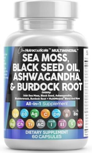 Clean Nutraceuticals Sea Moss Black Seed Oil Ashwagandha Turmeric Bladderwrack Burdock & Vitamin C Vitamin D3 with Elderberry Manuka Dandelion Yellow Dock Iodine Chlorophyll ACV