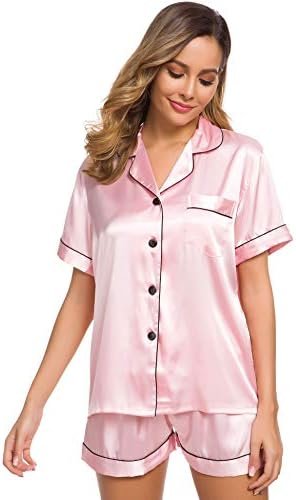 SWOMOG Womens Silk Satin Pajamas Set Short Sleeve Sleepwear Button Down Top and Shorts Loungewear 2 Piece Pjs Set XS-3XL - Image 2