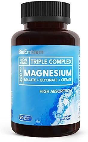 BioEmblem Triple Magnesium Complex | 300mg of Magnesium Glycinate, Malate, & Citrate for Muscles, Nerves, & Energy | High Absorption | Vegan, Non-GMO | 90 Capsules