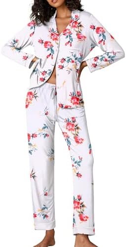 Ekouaer Pajamas Women's Long Sleeve Sleepwear Soft Button Down Loungewear Pjs Lounge Set Nightwear XS-XXL