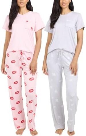 Real Essentials 2 Pack: Women's Pajama Set - Choose from Short Sleeve with Pocket or Long Sleeve without Pocket
