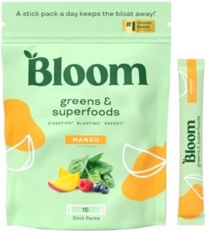 Bloom Nutrition Superfood Greens Powder Stick Packs, Digestive Enzymes with Probiotics and Prebiotics, Gut Health, Bloating Relief for Women, Chlorella, Green Juice Mix, 15 SVG, Mango