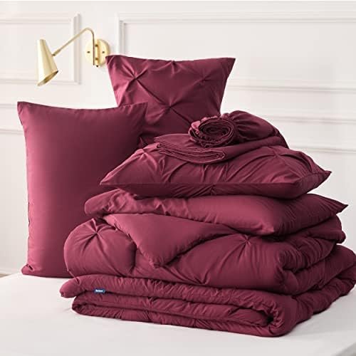 Bedsure Queen Comforter Set Burgundy - Bed in a Bag Queen Size 7 Pieces, GentleSoft™ Pintuck Bed Set Gift for Family, Pinch Pleat Burgundy Comforter with Sheets, Pillowcases & Shams - Image 7