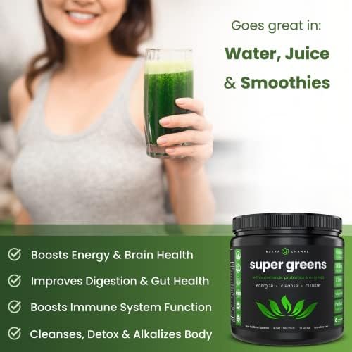 NutraChamps Super Greens Powder Premium Superfood | 20+ Organic Green Veggie Whole Foods | Wheat Grass, Spirulina, Chlorella | Antioxidant, Digestive Enzyme & Probiotic Blends (9.0 Oz, Berry) - Image 4