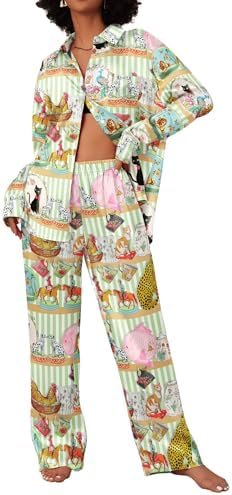 Ekouaer Womens Satin Silky Pajama Set 2 Piece Print PJs Soft Loungewear Button Down Sleepwear with Elastic Waist Long Pants