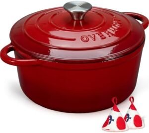 Overmont Enameled Cast Iron Dutch Oven - 5.5QT Pot with Lid Cookbook & Cotton Potholders - Heavy-Duty Cookware for Braising, Stews, Roasting, Bread Baking red