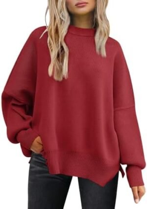 LILLUSORY Women's Oversized Batwing Sweaters 2024 Fall Outfits Crewneck Ribbed Knit Side Slit Trendy Pullover Tops