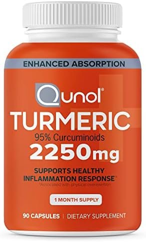 Qunol Turmeric Curcumin with Black Pepper, 2250mg Turmeric Extract with 95% Curcuminoids, Extra Strength Turmeric Supplement, Enhanced Absorption, Joint Support Supplement, 90 Vegetarian Capsules
