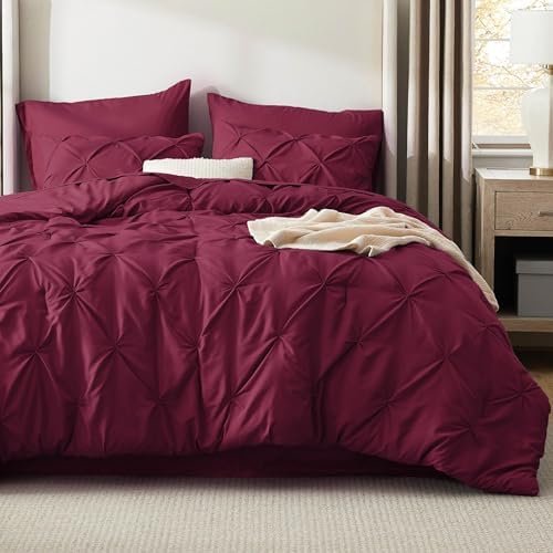 Bedsure Queen Comforter Set Burgundy - Bed in a Bag Queen Size 7 Pieces, GentleSoft™ Pintuck Bed Set Gift for Family, Pinch Pleat Burgundy Comforter with Sheets, Pillowcases & Shams - Image 4