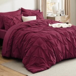 Bedsure Queen Comforter Set Burgundy - Bed in a Bag Queen Size 7 Pieces, GentleSoft™ Pintuck Bed Set Gift for Family, Pinch Pleat Burgundy Comforter with Sheets, Pillowcases & Shams