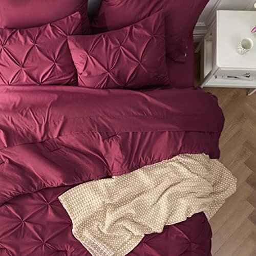 Bedsure Queen Comforter Set Burgundy - Bed in a Bag Queen Size 7 Pieces, GentleSoft™ Pintuck Bed Set Gift for Family, Pinch Pleat Burgundy Comforter with Sheets, Pillowcases & Shams - Image 5