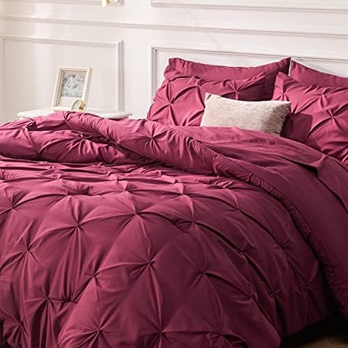 Bedsure Queen Comforter Set Burgundy - Bed in a Bag Queen Size 7 Pieces, GentleSoft™ Pintuck Bed Set Gift for Family, Pinch Pleat Burgundy Comforter with Sheets, Pillowcases & Shams - Image 3