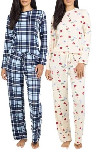 Real Essentials 2 Pack: Women's Pajama Set - Choose from Short Sleeve with Pocket or Long Sleeve without Pocket