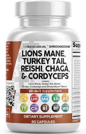 Clean Nutraceuticals Lions Mane 20in1 Mushroom Supplement with Turkey Tail Reishi Cordyceps Chaga Maitake Meshima Poria Cocos Shiitake Oyster Porcini Enoki - Pack