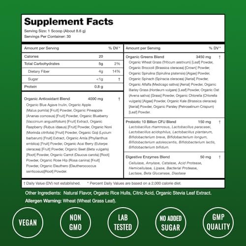 NutraChamps Super Greens Powder Premium Superfood | 20+ Organic Green Veggie Whole Foods | Wheat Grass, Spirulina, Chlorella | Antioxidant, Digestive Enzyme & Probiotic Blends (9.0 Oz, Berry) - Image 2