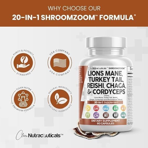 Clean Nutraceuticals Lions Mane 20in1 Mushroom Supplement with Turkey Tail Reishi Cordyceps Chaga Maitake Meshima Poria Cocos Shiitake Oyster Porcini Enoki - Pack - Image 4