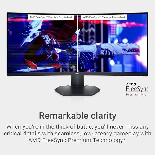 Dell S3422DWG Curved Gaming Monitor - 34 Inch 1800R Curved Screen with 144Hz Refresh Rate, WQHD (3440 x 1440) Display, HDMI, DP to DP 1.4 Cable, AMD FreeSync - Black - Image 3
