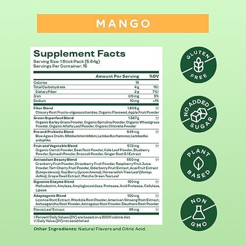 Bloom Nutrition Superfood Greens Powder Stick Packs, Digestive Enzymes with Probiotics and Prebiotics, Gut Health, Bloating Relief for Women, Chlorella, Green Juice Mix, 15 SVG, Mango - Image 4