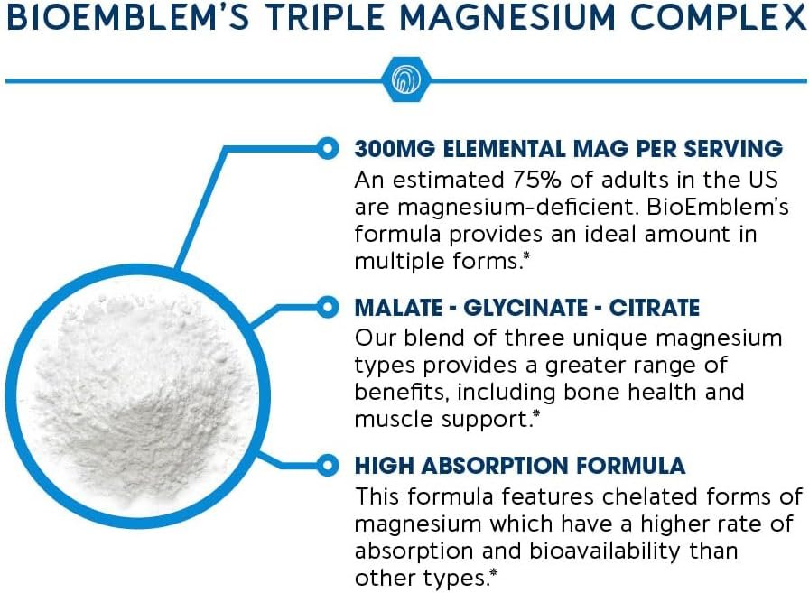 BioEmblem Triple Magnesium Complex | 300mg of Magnesium Glycinate, Malate, & Citrate for Muscles, Nerves, & Energy | High Absorption | Vegan, Non-GMO | 90 Capsules - Image 3